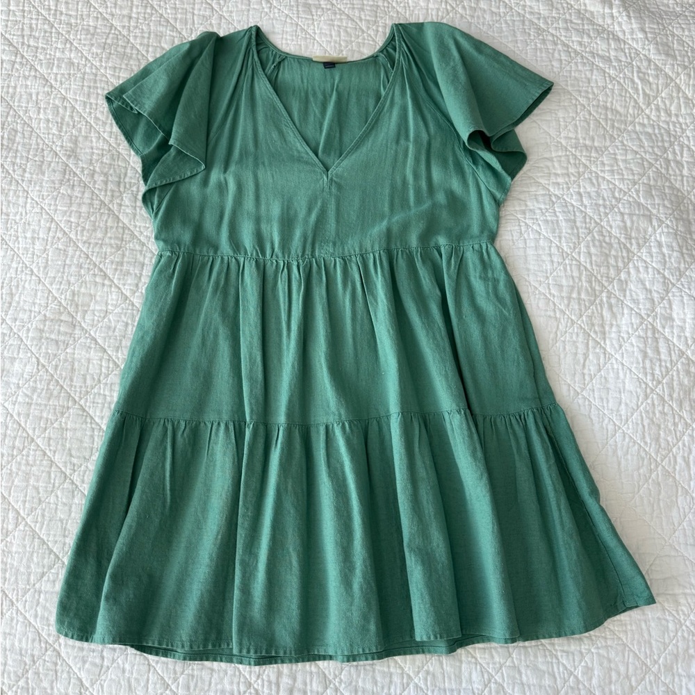 Green V-Neck Tiered Dress Cotton/Rayon Blend - Picture 8 of 9